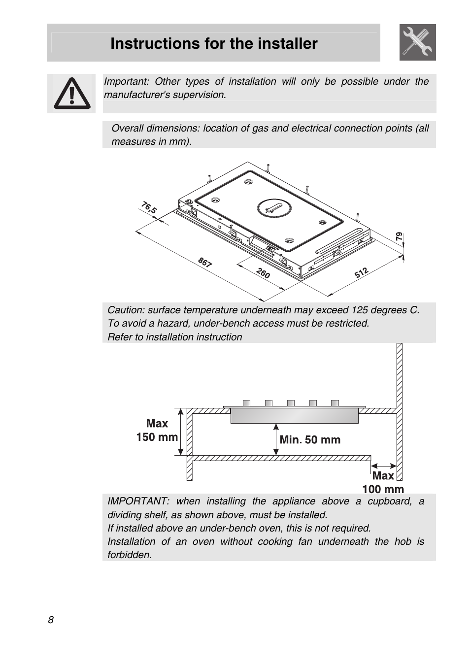 Instructions for the installer | Smeg PGA75FSC3 User Manual | Page 6 / 20