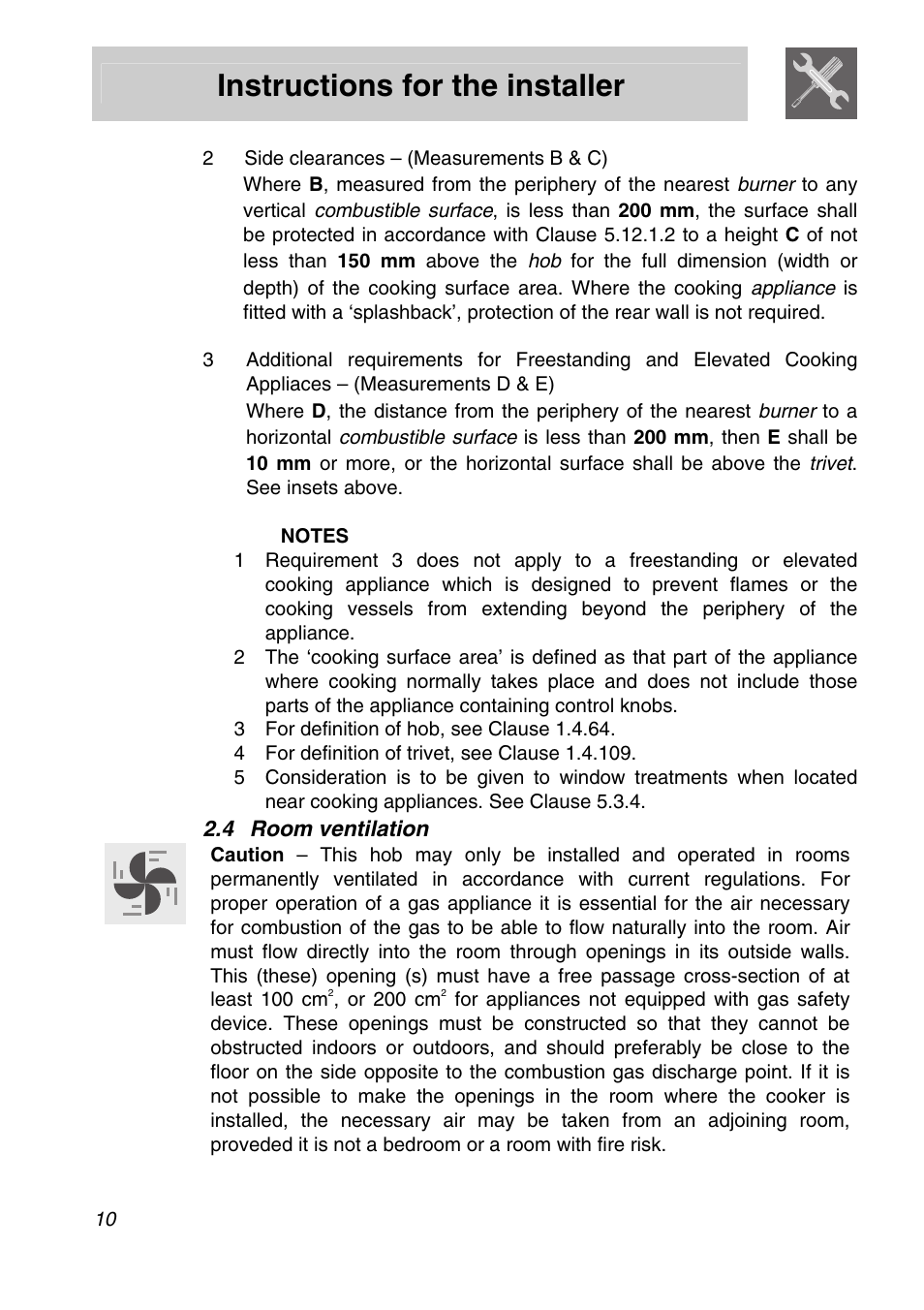 4 room ventilation, Instructions for the installer | Smeg PGA75FSC3 User Manual | Page 8 / 20