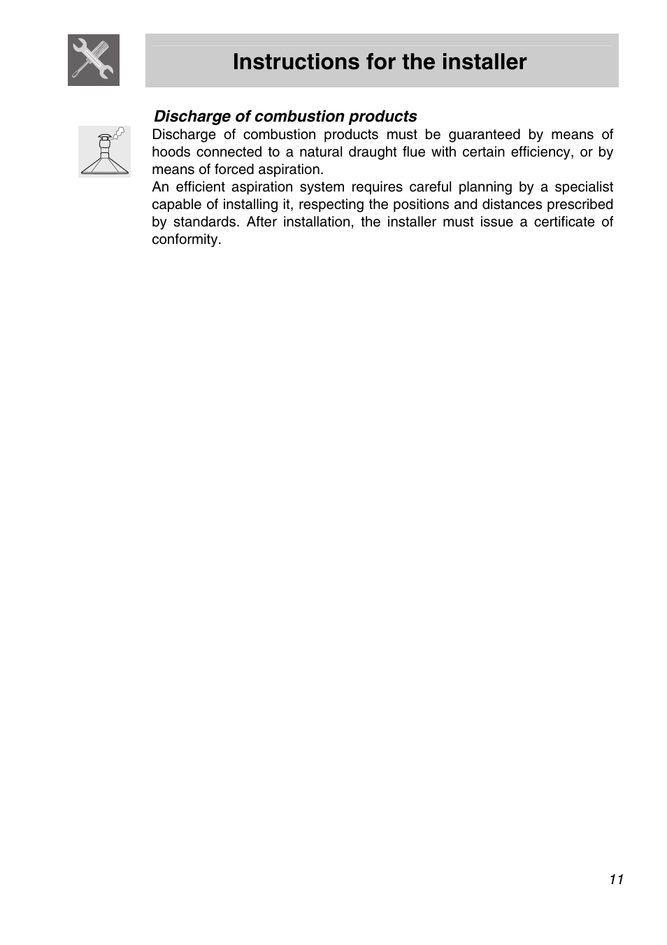 Discharge of combustion products, Instructions for the installer | Smeg PGA75FSC3 User Manual | Page 9 / 20