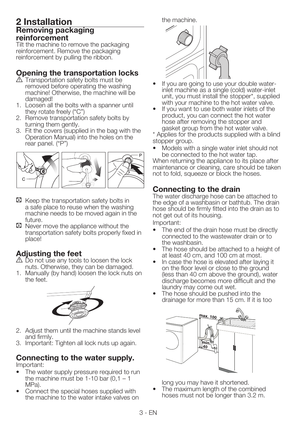 2 installation, Removing packaging reinforcement, Opening the transportation locks | Adjusting the feet, Connecting to the water supply, Connecting to the drain | Smeg LBS 107 User Manual | Page 3 / 12