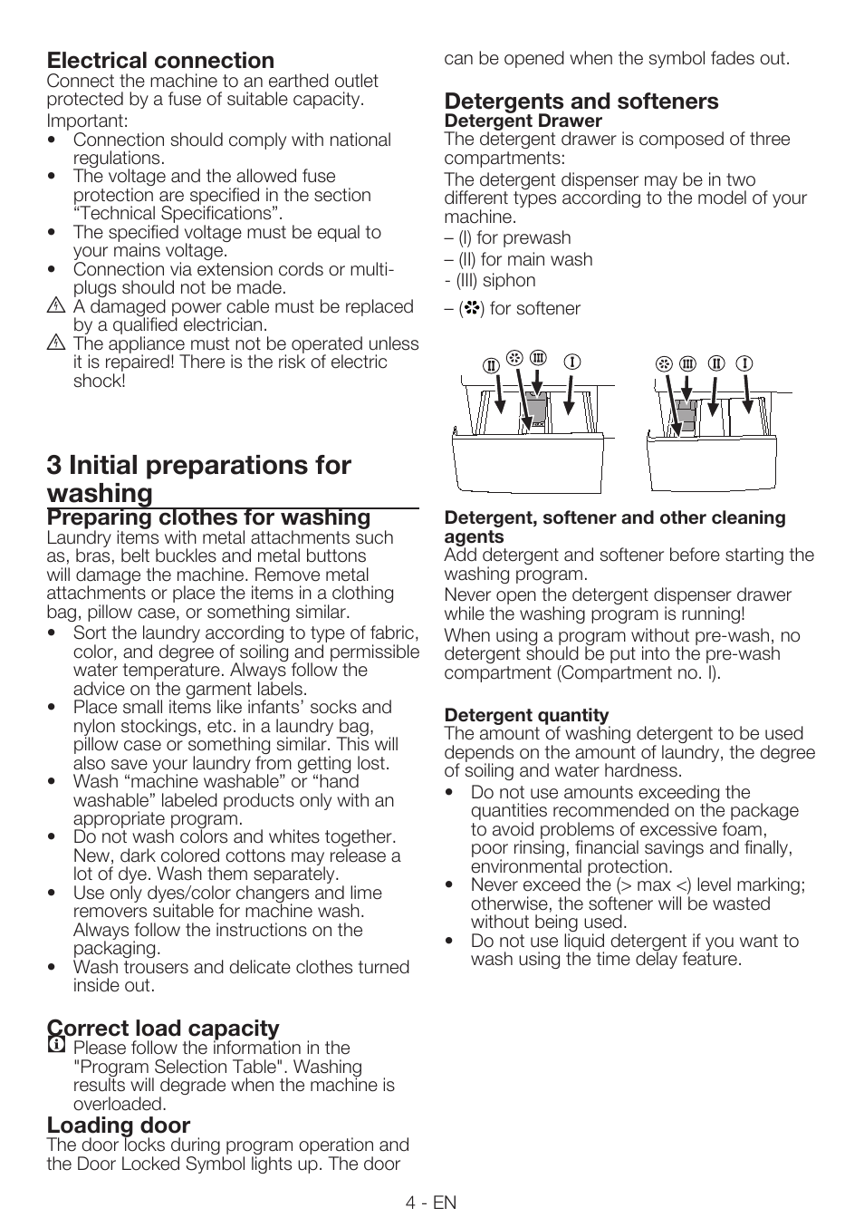 3 initial preparations for washing, Electrical connection, Preparing clothes for washing | Correct load capacity, Loading door, Detergents and softeners | Smeg LBS 107 User Manual | Page 4 / 12