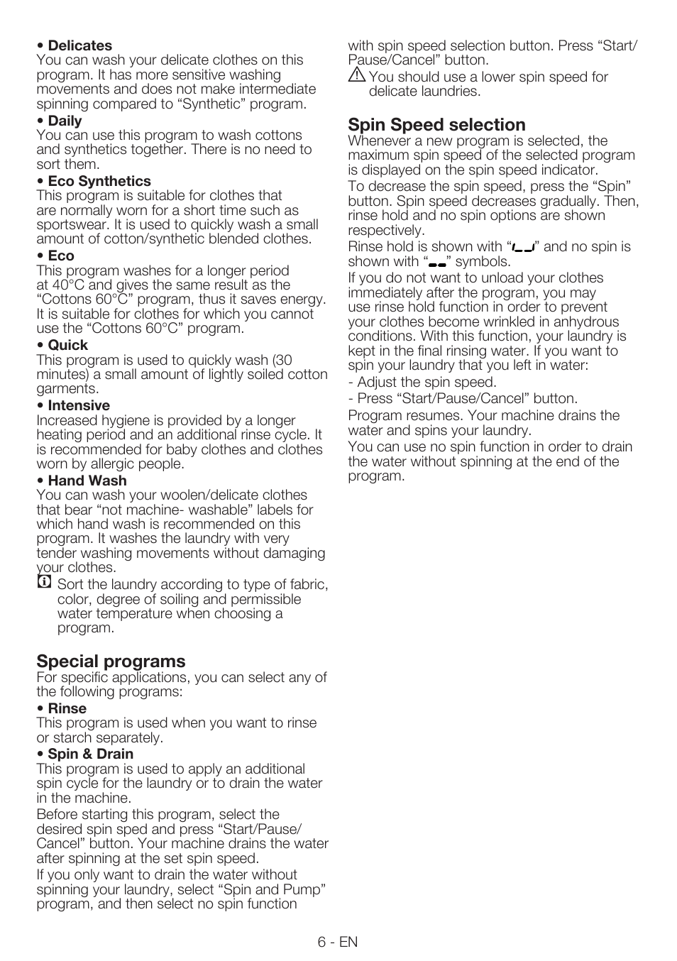 Special programs, Spin speed selection | Smeg LBS 107 User Manual | Page 6 / 12