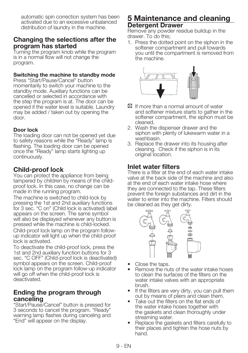5 maintenance and cleaning, Child-proof lock, Ending the program through canceling | Detergent drawer, Inlet water filters | Smeg LBS 107 User Manual | Page 9 / 12