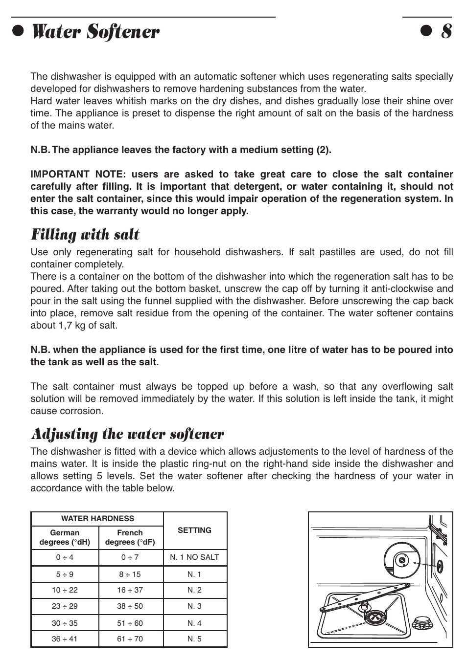 Water softener, Filling with salt, Adjusting the water softener | Smeg ADP8242 User Manual | Page 10 / 19