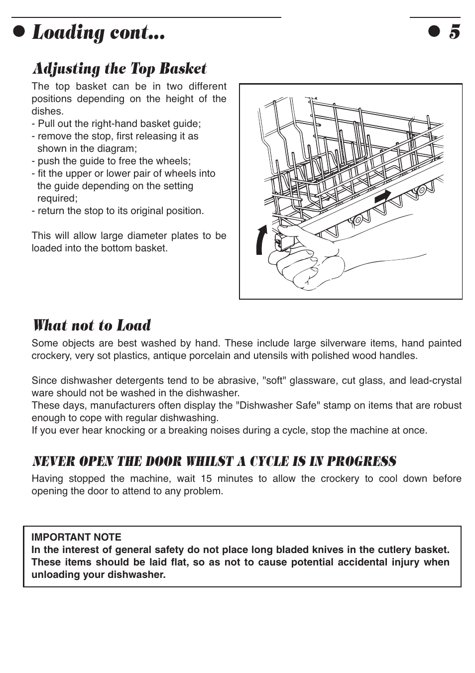 Loading cont, Adjusting the top basket, What not to load | Smeg ADP8242 User Manual | Page 7 / 19