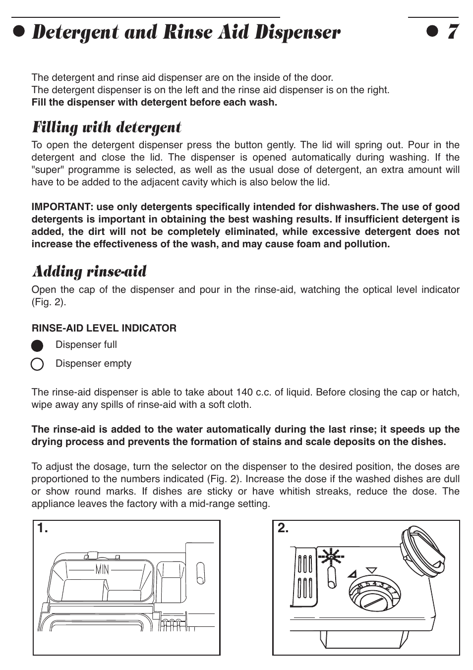 Detergent and rinse aid dispenser, Filling with detergent, Adding rinse-aid | Smeg ADP8242 User Manual | Page 9 / 19