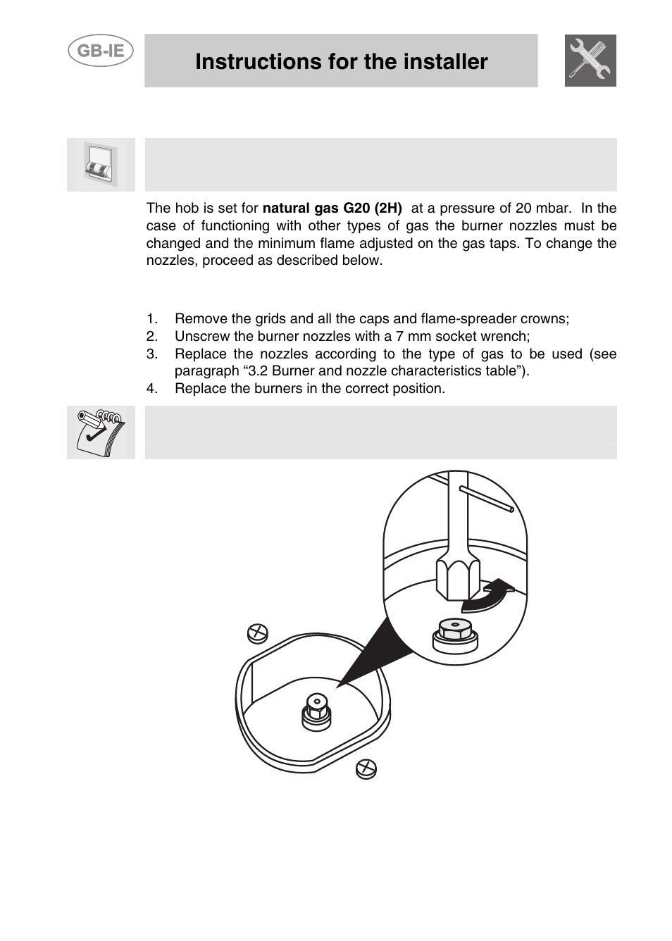 3 adjustment to different types of gas, 1 replacement of nozzles on the hob, Adjustment to different types of gas | Instructions for the installer, 3adjustment to different types of gas | Smeg PGF75-3 User Manual | Page 10 / 16