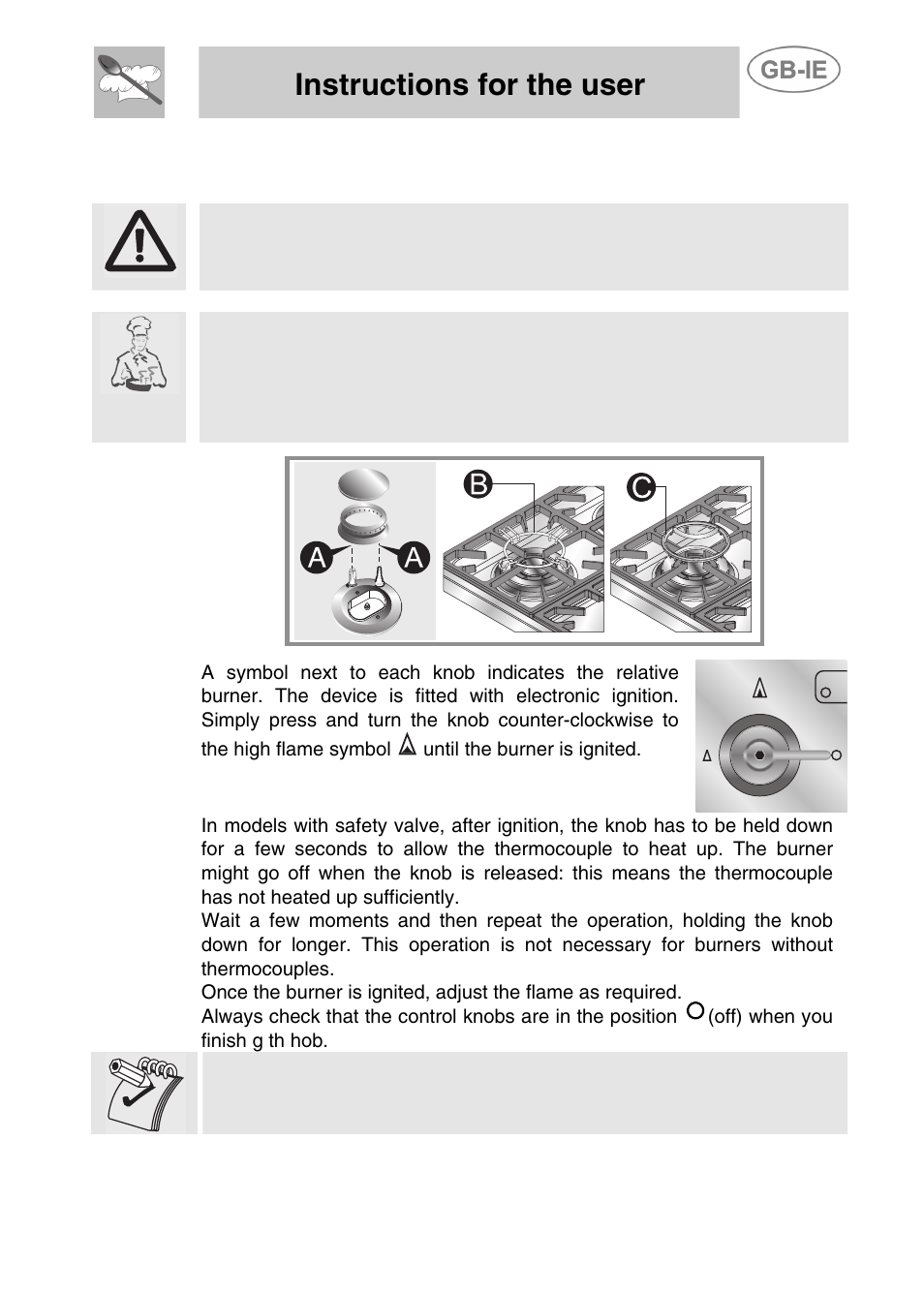 5 using the hob, 1 ignition of the burners, Using the hob | Instructions for the user, 5using the hob | Smeg PGF75-3 User Manual | Page 13 / 16