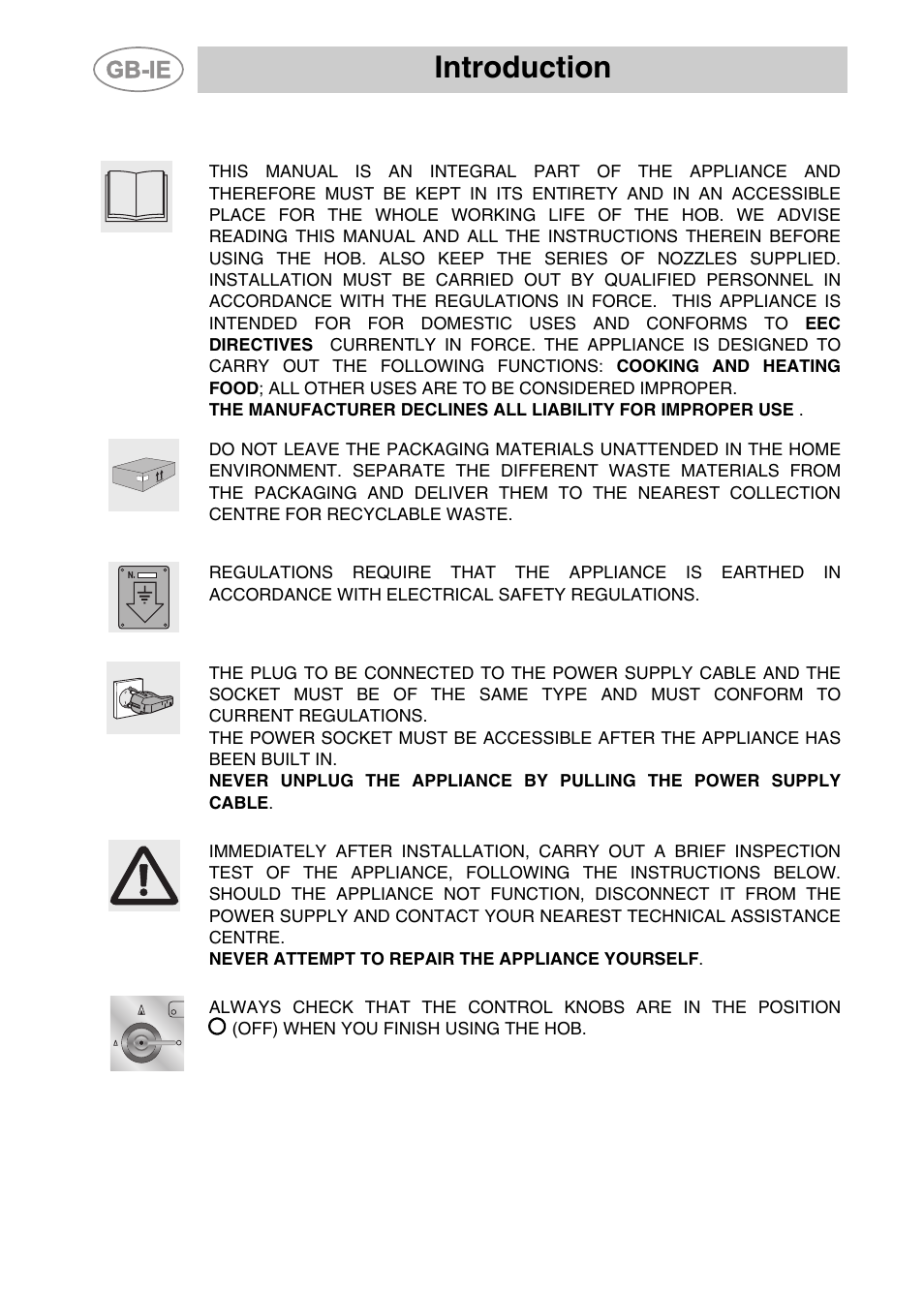 1 instructions for safe and proper use, Instructions for safe and proper use, Introduction | 1instructions for safe and proper use | Smeg PGF75-3 User Manual | Page 2 / 16