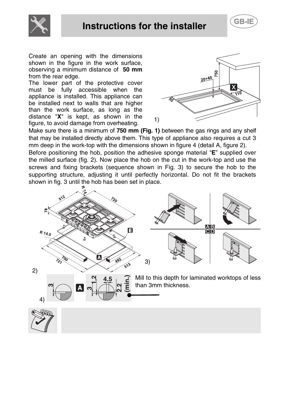 Instructions for the installer | Smeg PGF75-3 User Manual | Page 5 / 16