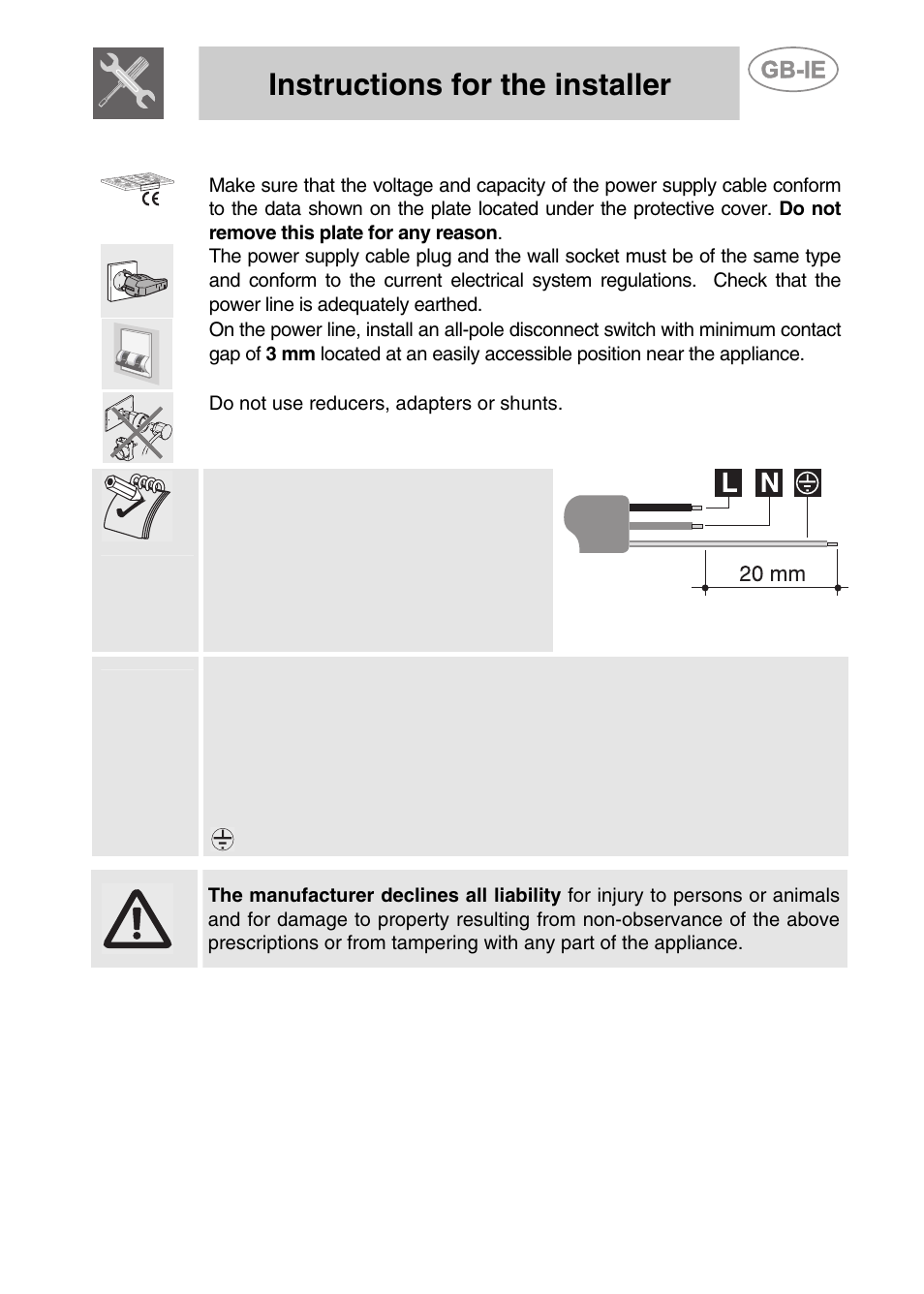 3 electrical connection, Instructions for the installer | Smeg PGF75-3 User Manual | Page 7 / 16