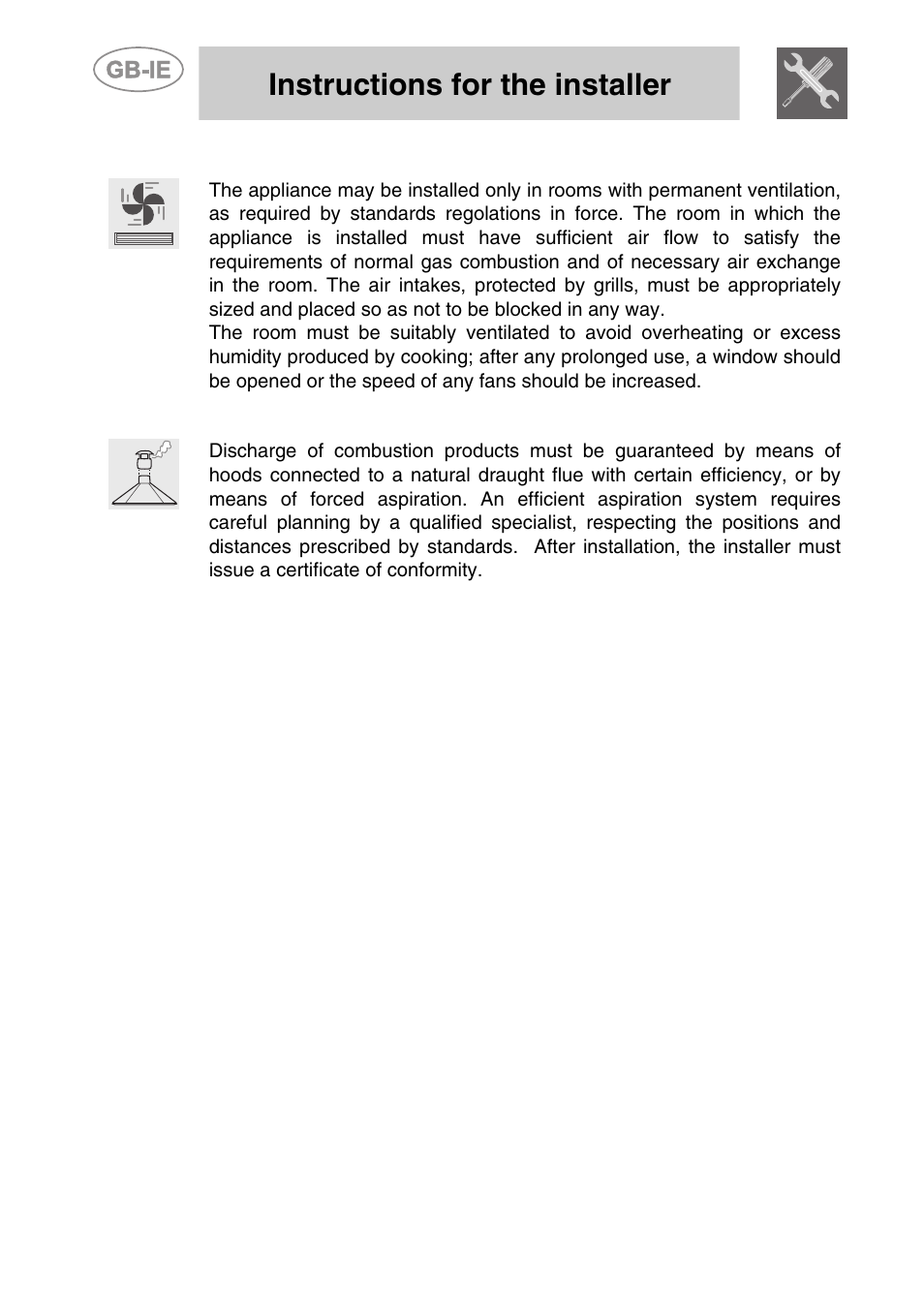 4 ventilation requirements, 5 discharge of combustion products, Instructions for the installer | Smeg PGF75-3 User Manual | Page 8 / 16