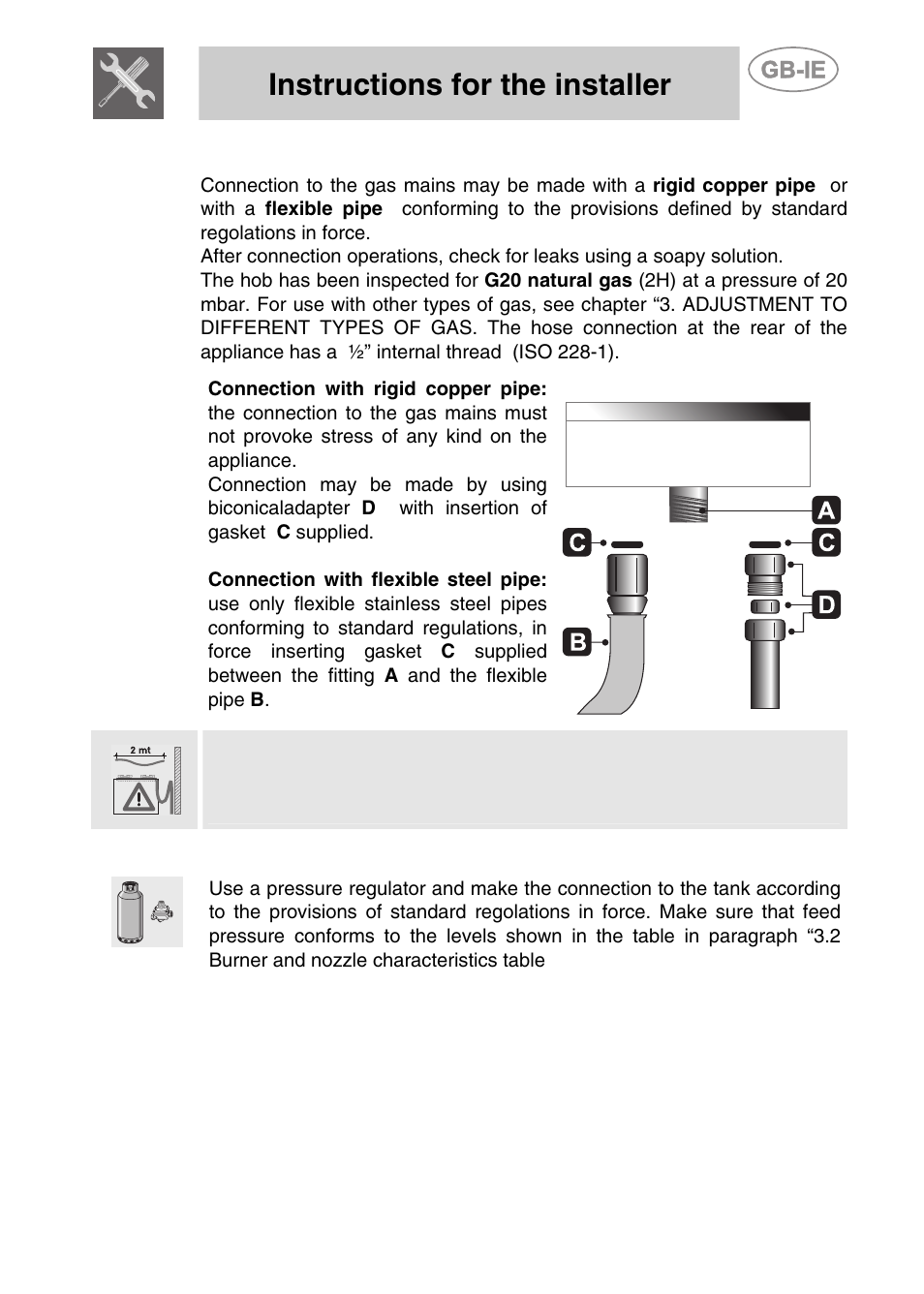 6 gas connection, 7 connection to lpg, Instructions for the installer | Smeg PGF75-3 User Manual | Page 9 / 16