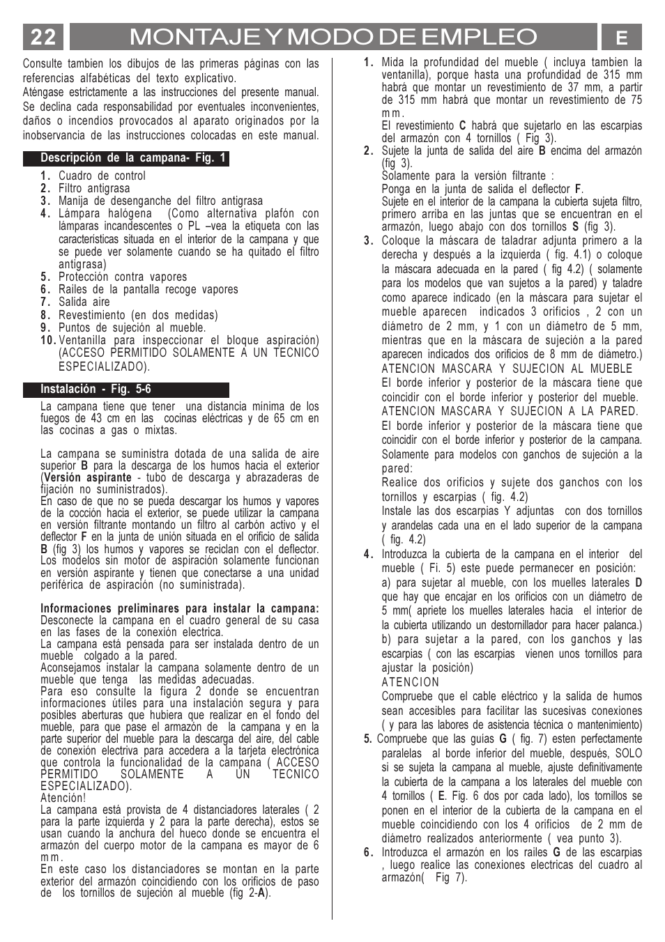 Montaje y modo de empleo | Smeg KSET650X User Manual | Page 22 / 44