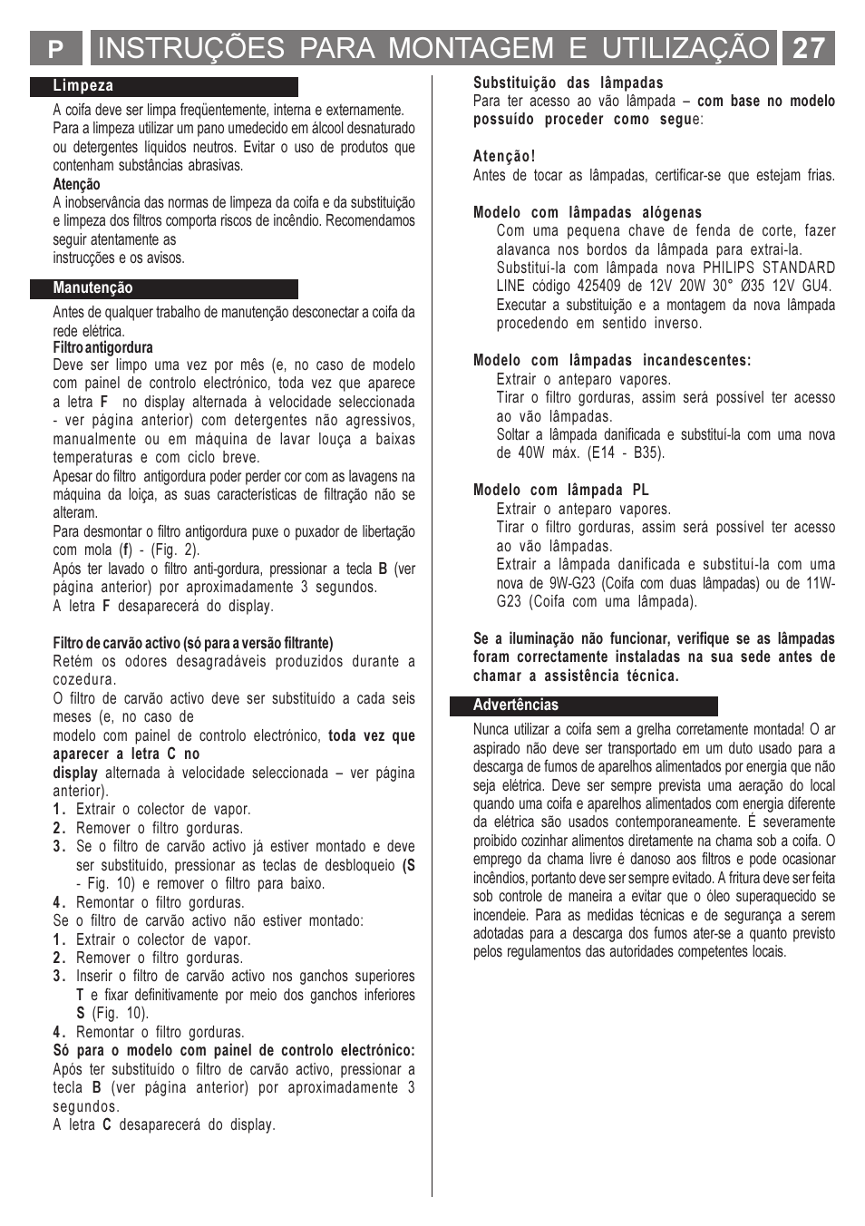 Instruções para montagem e utilização | Smeg KSET650X User Manual | Page 27 / 44