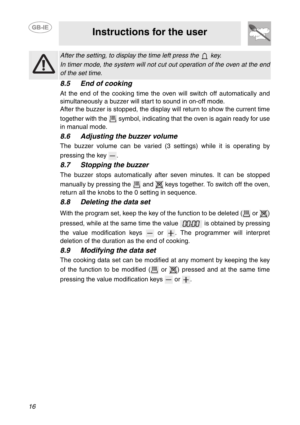 5 end of cooking, 6 adjusting the buzzer volume, 7 stopping the buzzer | 8 deleting the data set, 9 modifying the data set, Instructions for the user | Smeg SC041MFX User Manual | Page 14 / 31