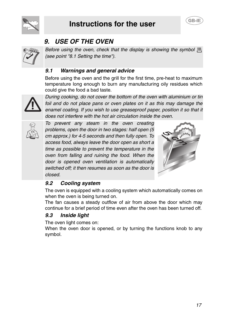 Use of the oven, 1 warnings and general advice, 2 cooling system | 3 inside light, Instructions for the user | Smeg SC041MFX User Manual | Page 15 / 31