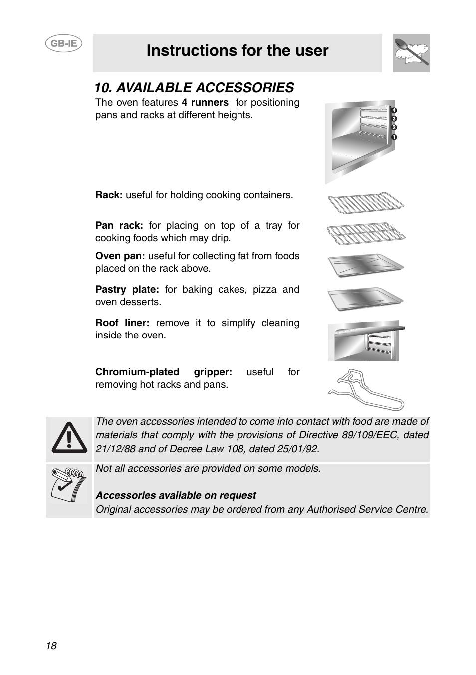 Available accessories, Instructions for the user | Smeg SC041MFX User Manual | Page 16 / 31