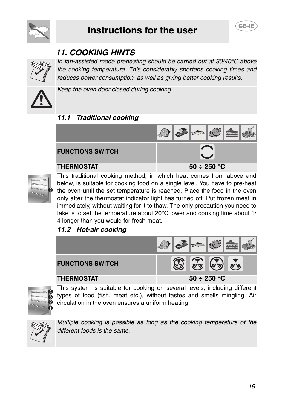 Cooking hints, 1 traditional cooking, 2 hot-air cooking | Instructions for the user | Smeg SC041MFX User Manual | Page 17 / 31