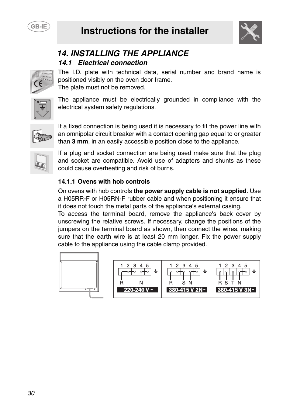 Installing the appliance, 1 electrical connection, 1 ovens with hob controls | Instructions for the installer | Smeg SC041MFX User Manual | Page 28 / 31