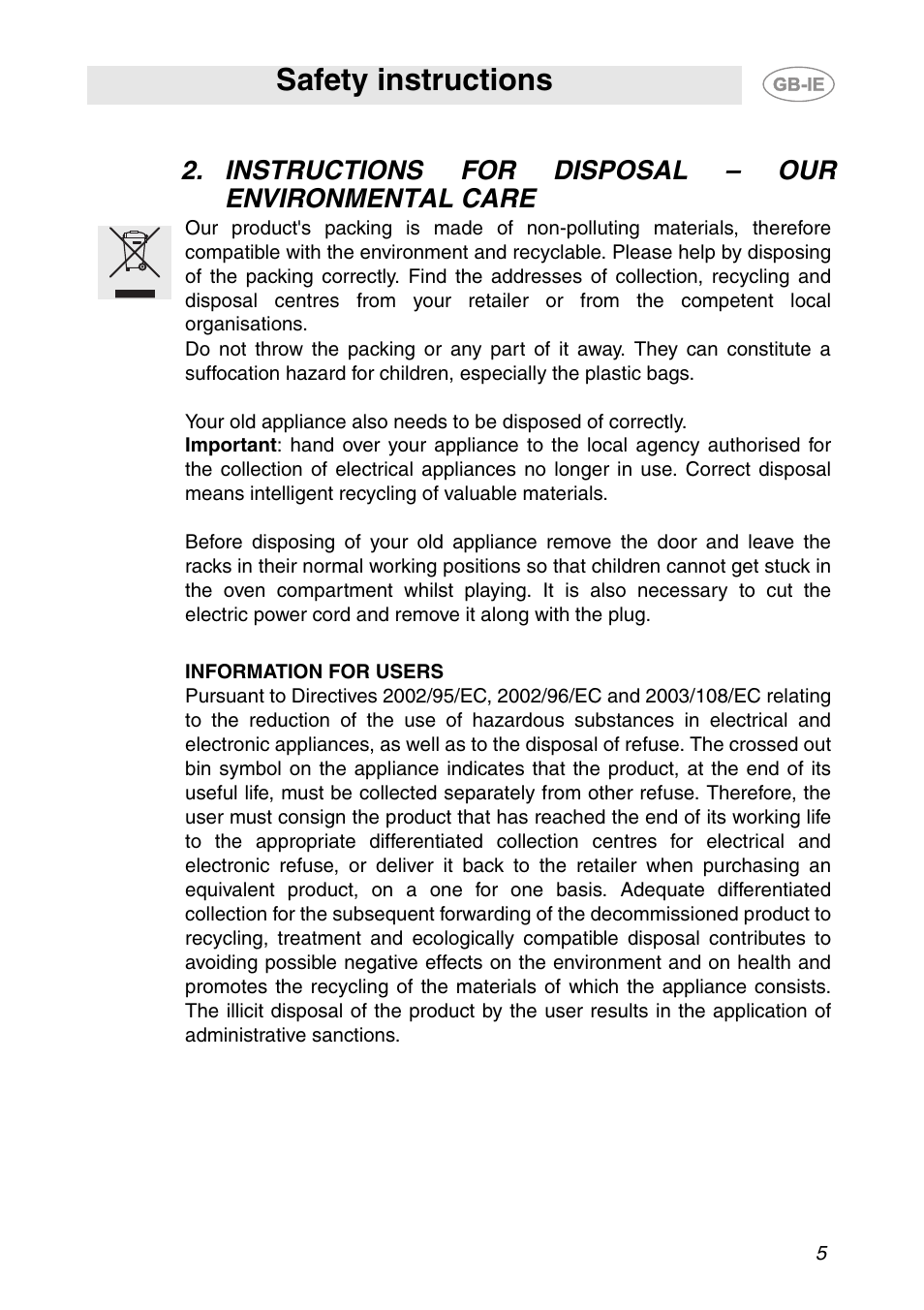 Instructions for disposal - our environmental care, Safety instructions, Instructions for disposal – our environmental care | Smeg SC041MFX User Manual | Page 3 / 31