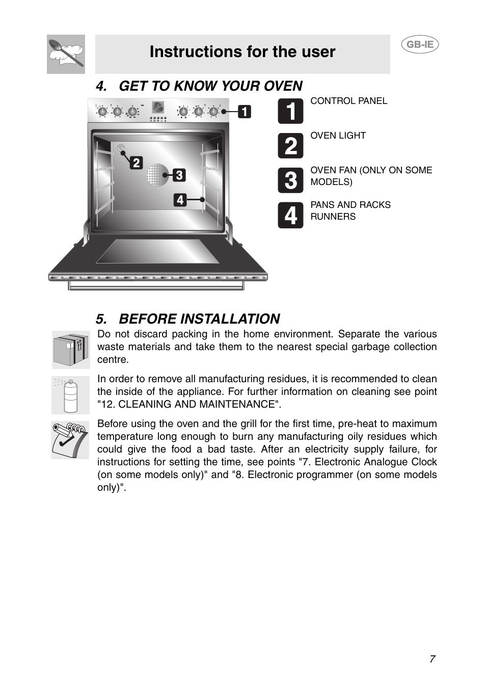 Get to know your oven, Before installation, Instructions for the user | Get to know your oven 5. before installation | Smeg SC041MFX User Manual | Page 5 / 31