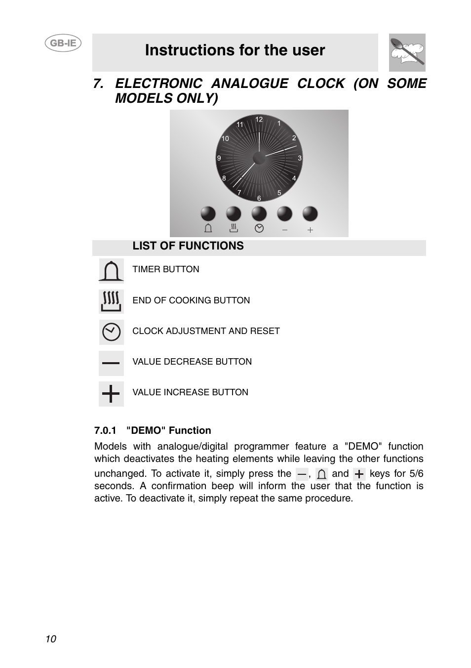 Electronic analogue clock (on some models only), 1 "demo" function, Instructions for the user | Smeg SC041MFX User Manual | Page 8 / 31