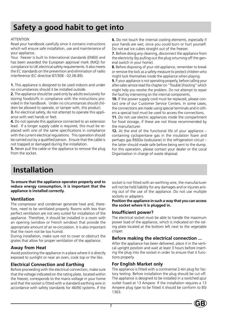 Safety a good habit to get into, Installation | Smeg VR120NE User Manual | Page 3 / 10