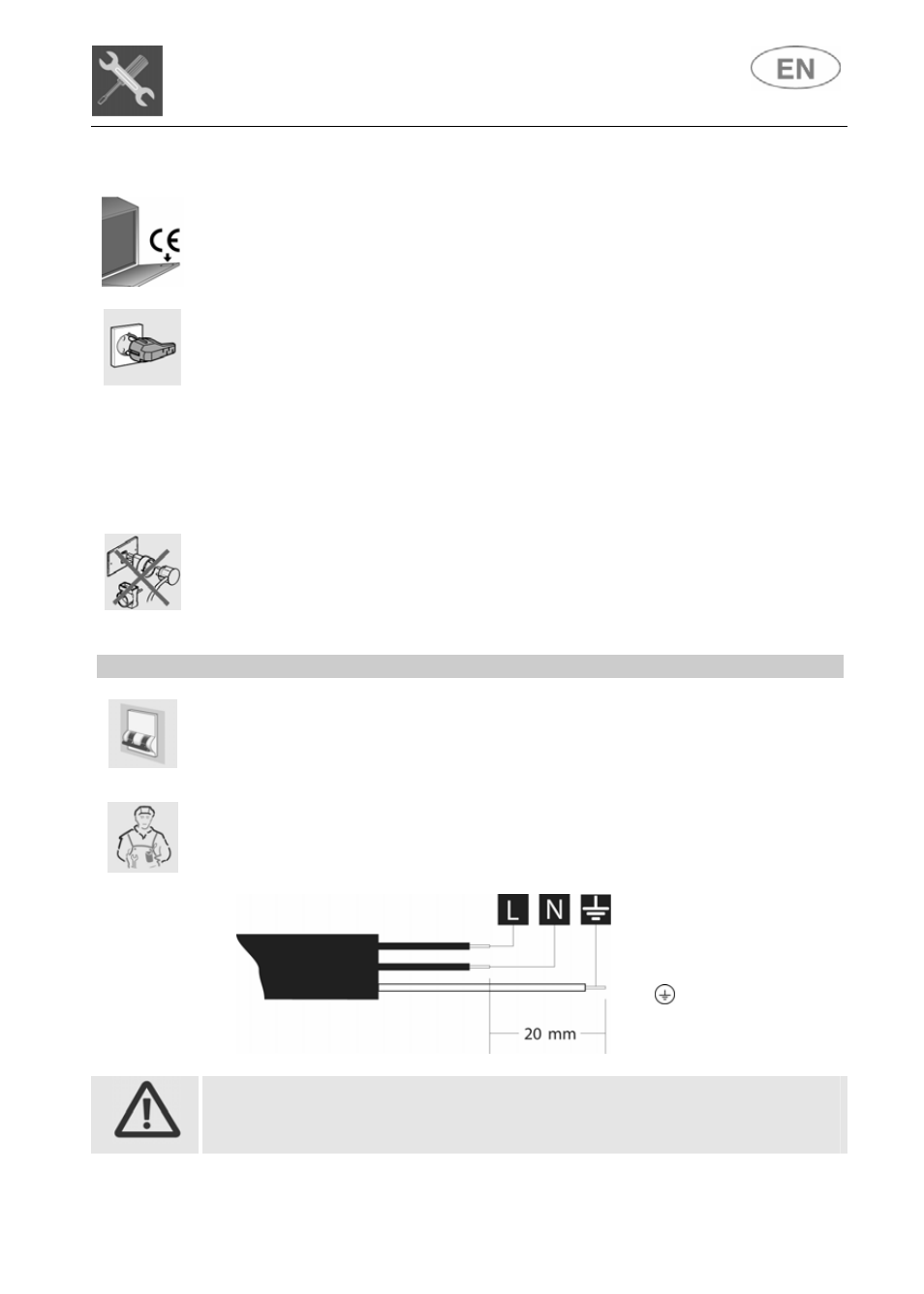 2 electrical connection and precautions, Installation instructions, L = brown n = blue = yellow-green | Smeg LSP1449B User Manual | Page 8 / 40