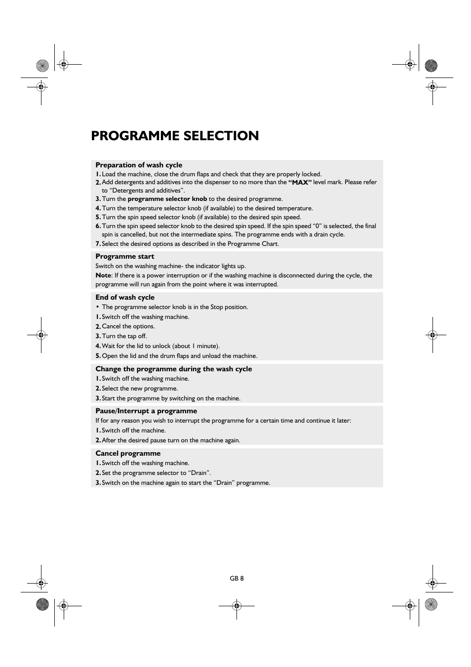 Programme selection | Smeg K400TL User Manual | Page 8 / 20