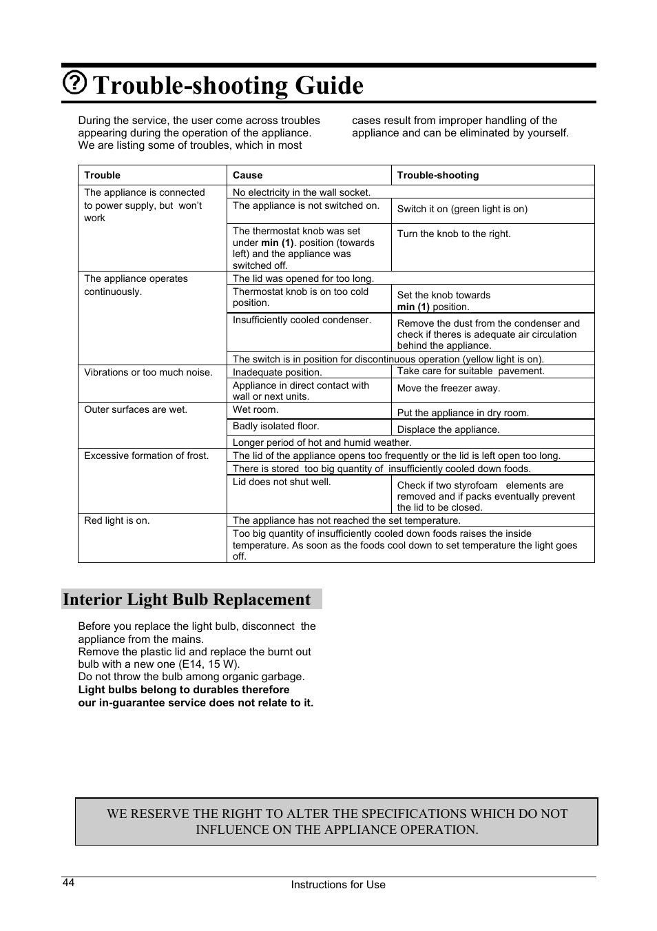 Trouble-shooting guide, Interior light bulb replacement | Smeg WCP32SB User Manual | Page 10 / 10