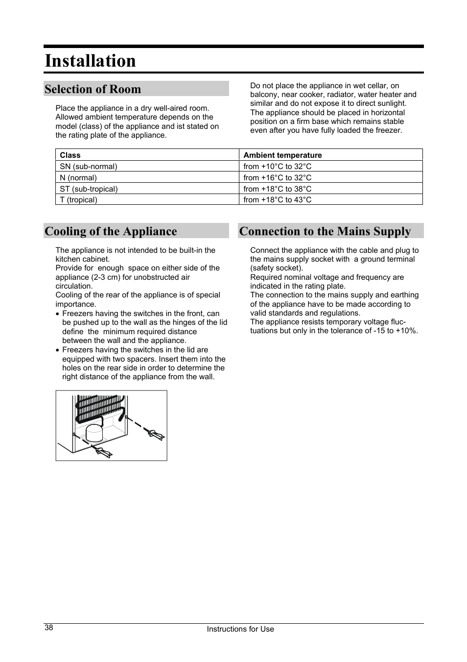 Installation, Selection of room, Cooling of the appliance | Connection to the mains supply | Smeg WCP32SB User Manual | Page 4 / 10
