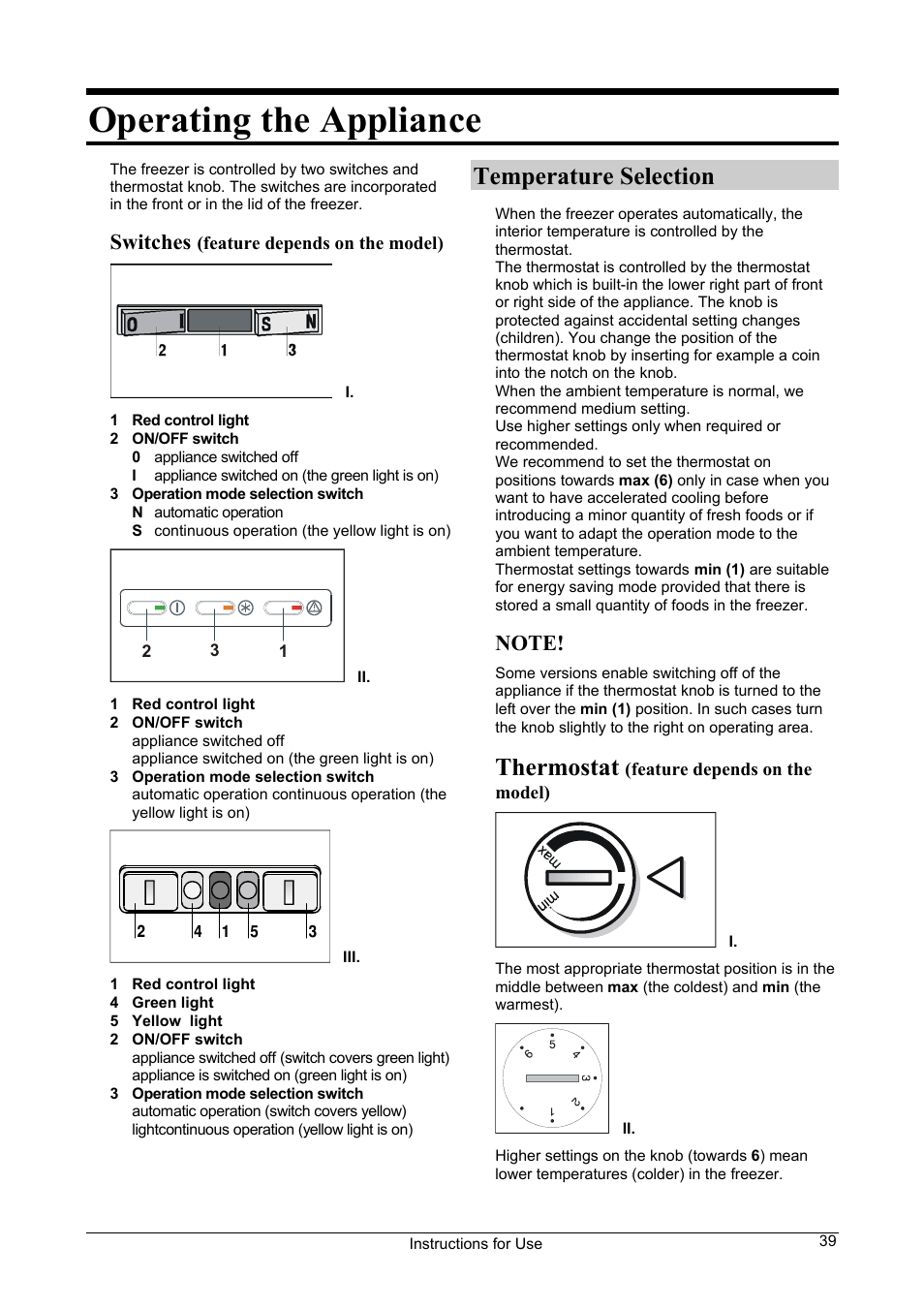 Operating the appliance, Temperature selection, Thermostat | Switches | Smeg WCP32SB User Manual | Page 5 / 10