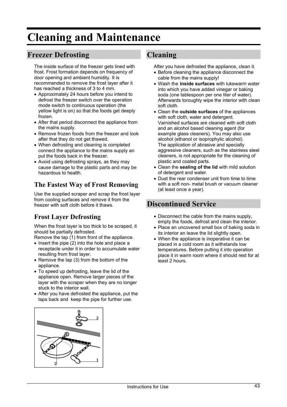 Cleaning and maintenance, Freezer defrosting, Cleaning | Discontinued service, The fastest way of frost removing, Frost layer defrosting | Smeg WCP32SB User Manual | Page 9 / 10