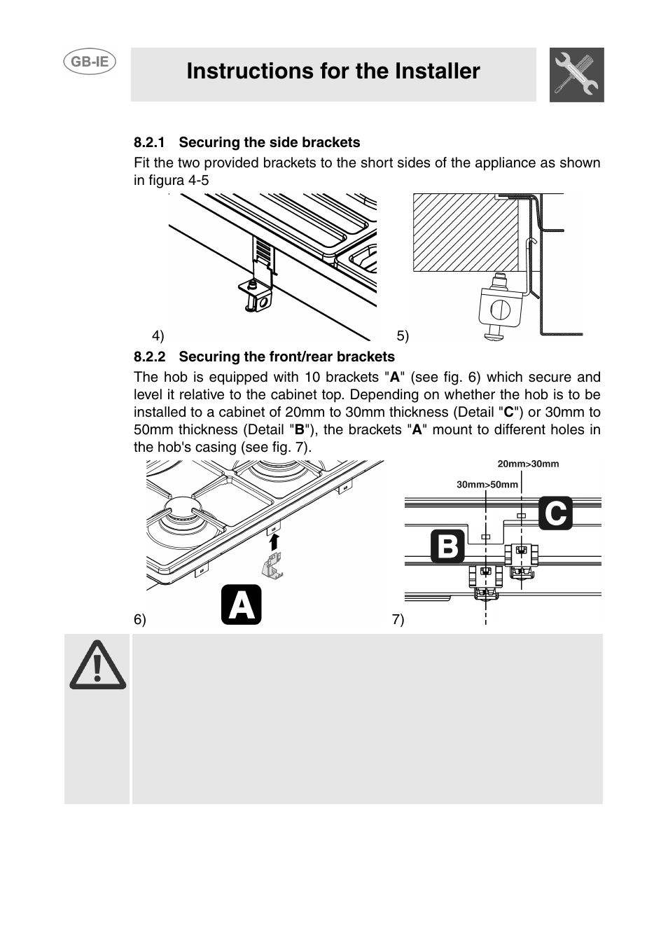 2 securing the appliance to the cabinet, 1 securing the side brackets, 2 securing the front/rear brackets | Instructions for the installer | Smeg GD100XG User Manual | Page 12 / 18