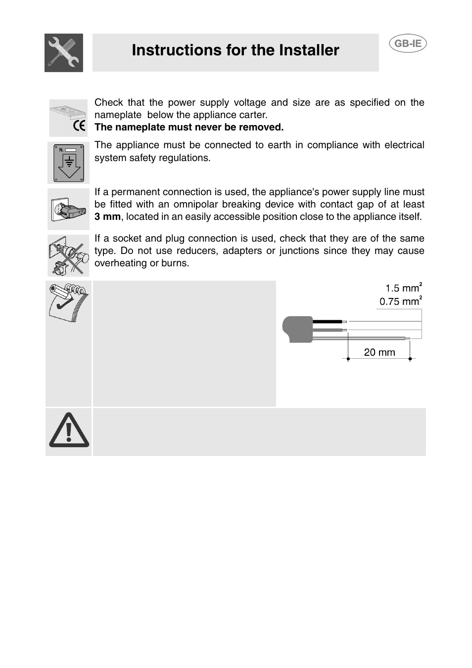 3 electrical connection, Instructions for the installer | Smeg GD100XG User Manual | Page 13 / 18