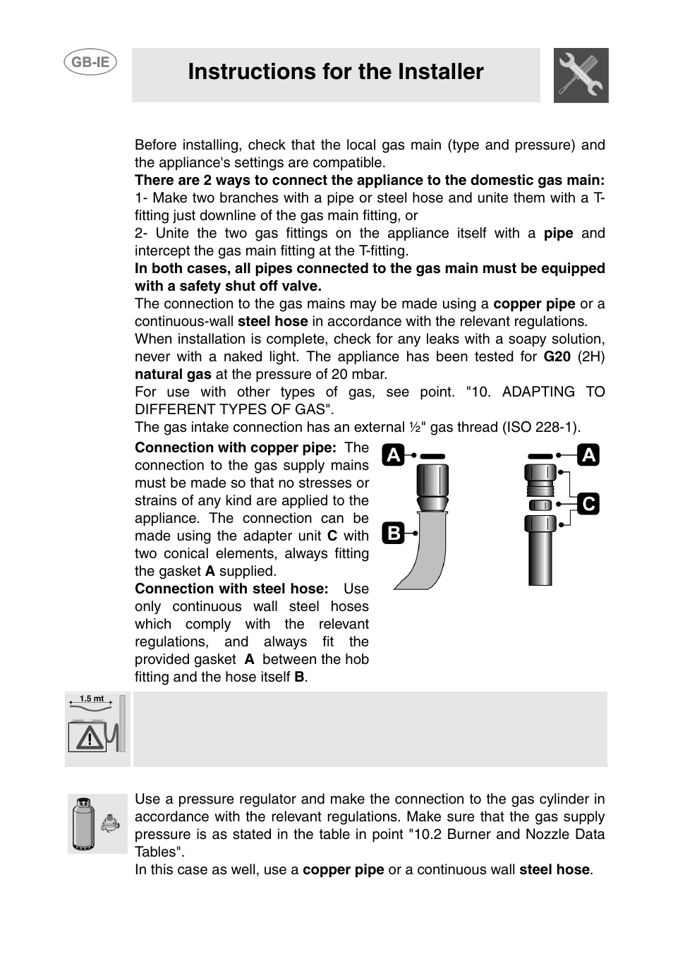 Gas connection, 1 bottled gas connection, Instructions for the installer | Smeg GD100XG User Manual | Page 14 / 18