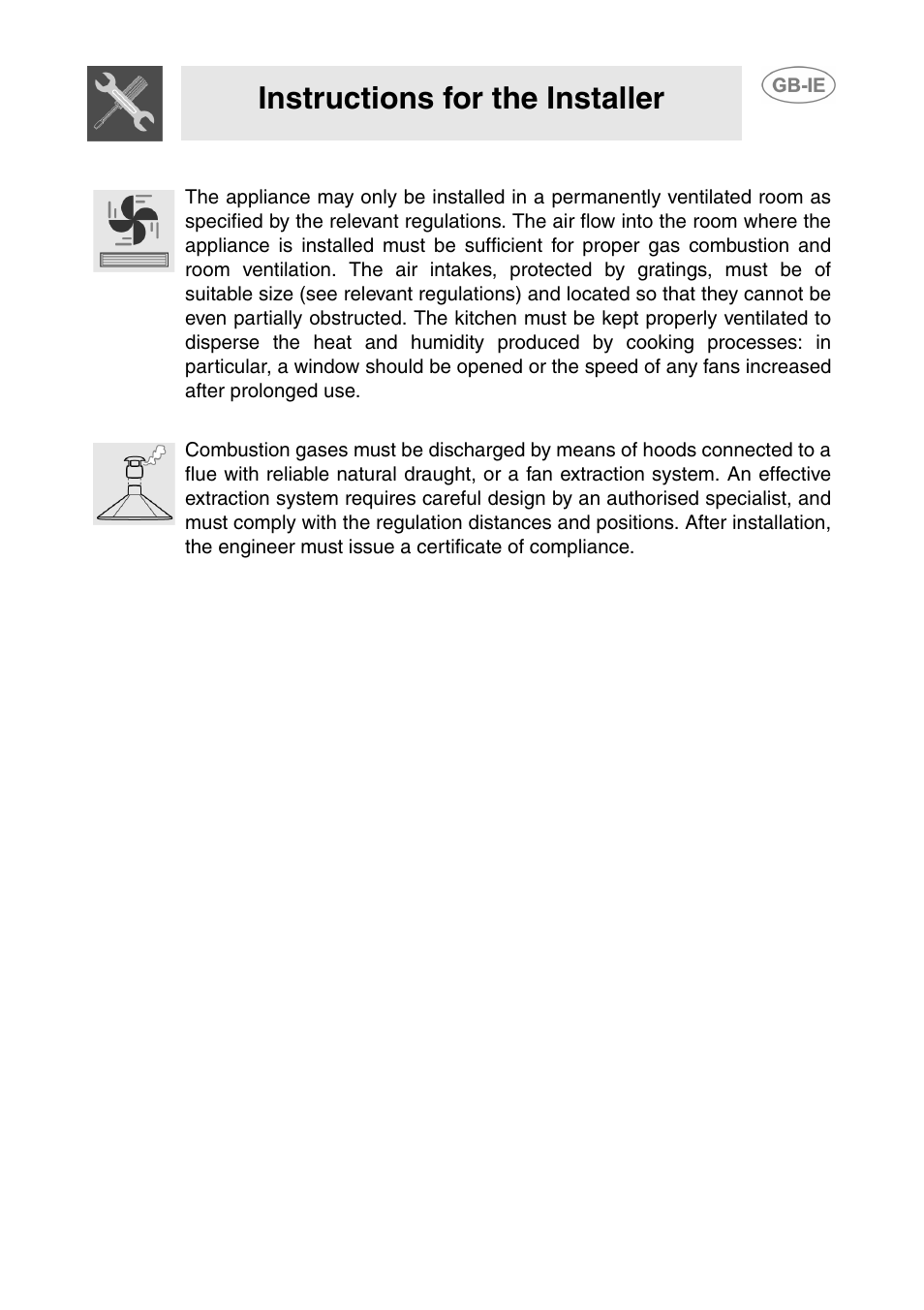 2 room ventilation, 3 combustion gas discharge, Instructions for the installer | Smeg GD100XG User Manual | Page 15 / 18