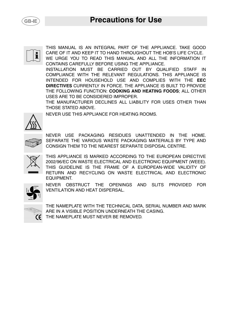 Precautions for use | Smeg GD100XG User Manual | Page 2 / 18