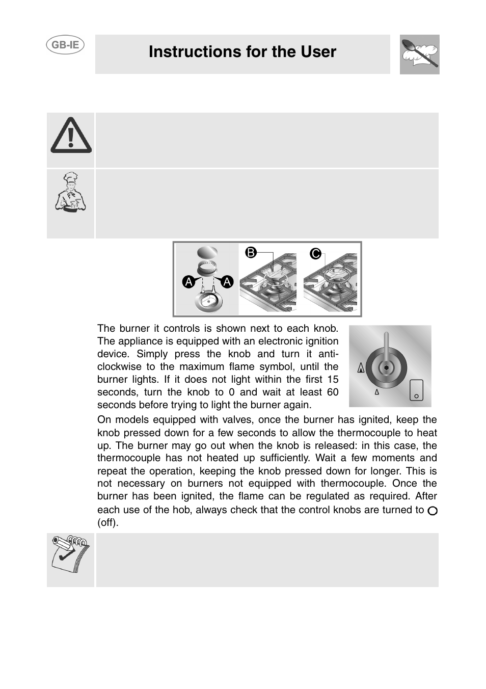 Using the hob, 1 gas hob, Instructions for the user | Smeg GD100XG User Manual | Page 6 / 18