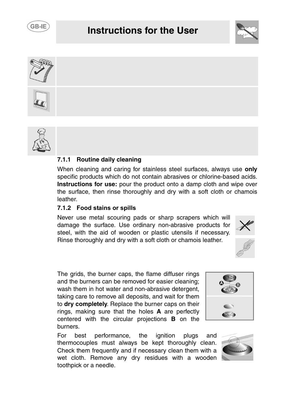 Cleaning and maintenance, 1 cleaning stainless steel, 1 routine daily cleaning | 2 food stains or spills, 2 cleaning the gas components, Instructions for the user | Smeg GD100XG User Manual | Page 8 / 18