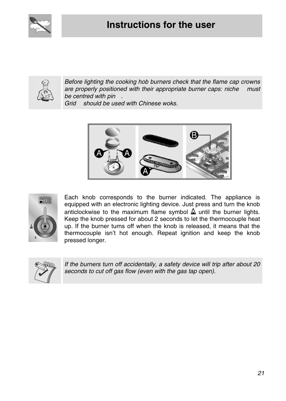 Instructions for the user, 6g hob, Use of the cookin | 1 lighting of the cooking hob burner | Smeg A3SX User Manual | Page 19 / 40