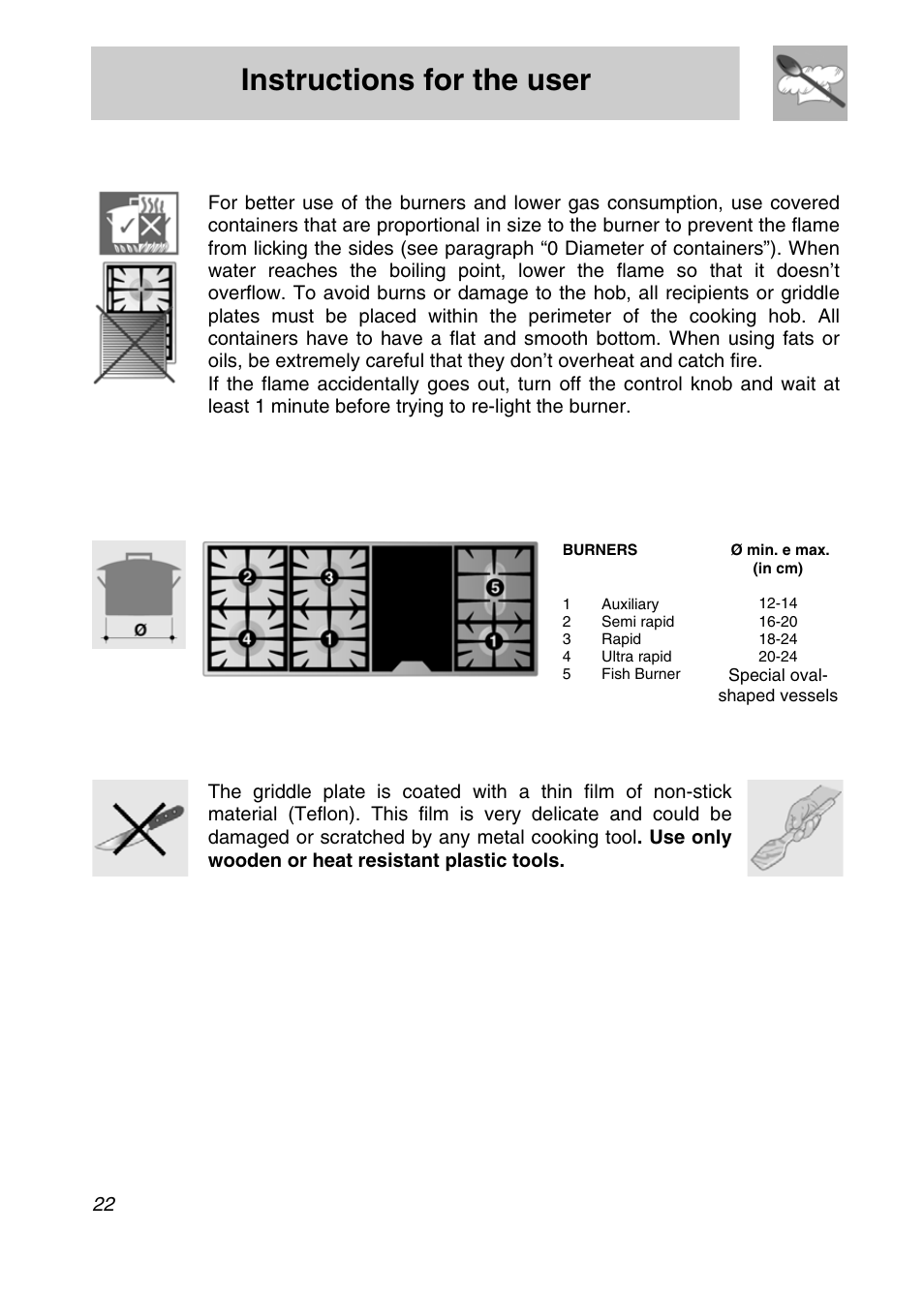 Instructions for the user, 3 diameter of containers, 4 using the griddle plate | Smeg A3SX User Manual | Page 20 / 40