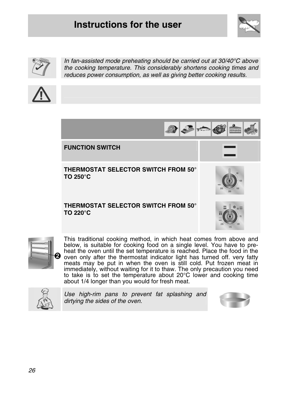 Instructions for the user, Cooking hints, 1 traditional cooking (main and auxilia | Ry ovens) | Smeg A3SX User Manual | Page 24 / 40