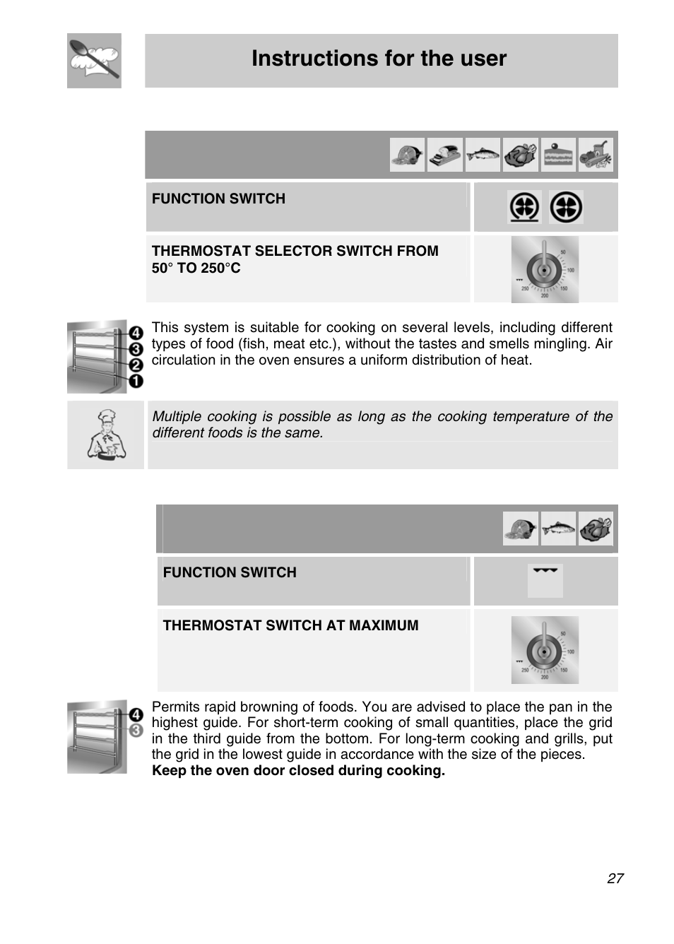 Instructions for the user, Oven) 9.2 hot-air cooking (main, 3 grill cooking (main oven) | Function switch, Thermostat switch at maximum, T 27 | Smeg A3SX User Manual | Page 25 / 40