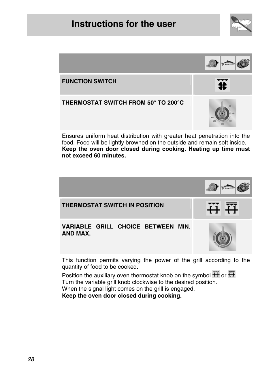 Instructions for the user, 4 hot-air grilling (main oven), 5 variable grill cooking (auxiliary oven) | Function switch, Th rmostat switch in position e, Variable grill choice between min. a, Nd max | Smeg A3SX User Manual | Page 26 / 40