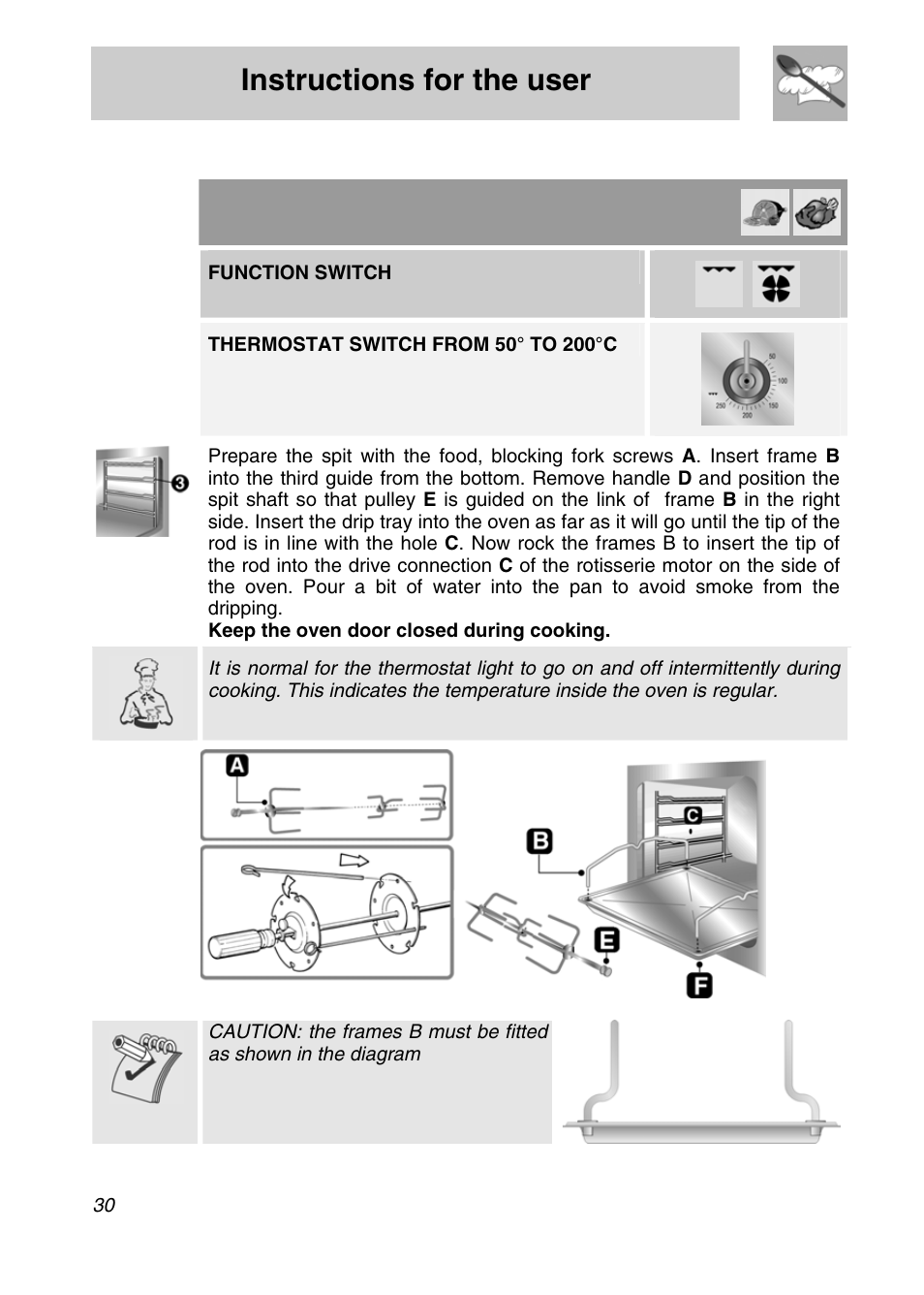 Instructions for the user, 8 spit cooking (main oven), Function switch | Smeg A3SX User Manual | Page 28 / 40
