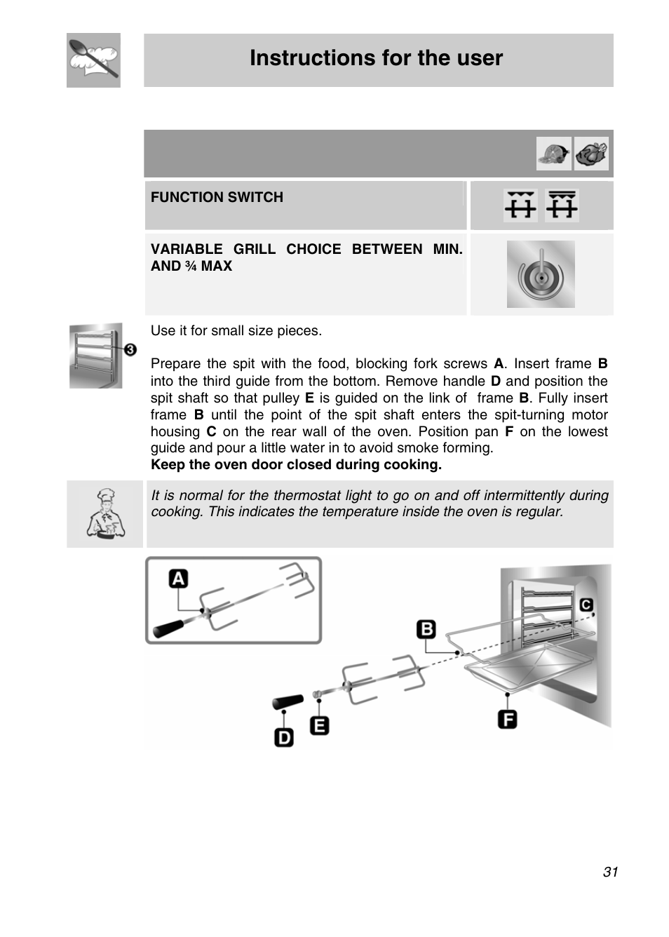 Instructions for the user, 9n) .9 spit cooking (auxiliary ove, Function switch | Variable grill choice between min. and ¾ max | Smeg A3SX User Manual | Page 29 / 40