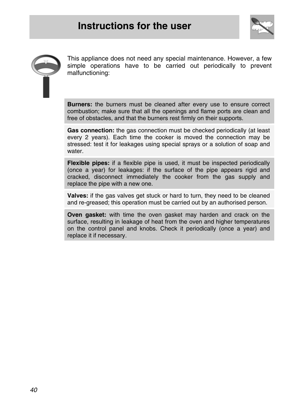 Instructions for the user, 5 preventive maintenance | Smeg A3SX User Manual | Page 38 / 40