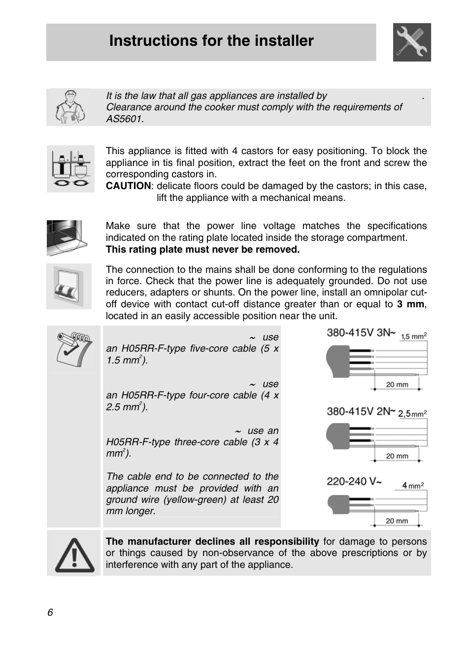 Instructions for the installer, Installation of the appliance, 1 positioning and levelling of the appliance | 2 electrical connection | Smeg A3SX User Manual | Page 4 / 40